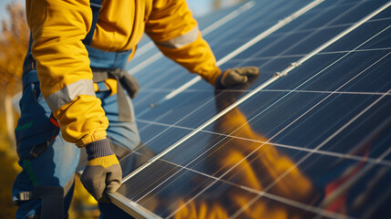 A man wearing a yellow jacket is actively working on installing a solar panel