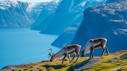 Reindeer grazing in the wild highlands of Norway, with a majestic fjord backdrop, highlighting wildlife and natural beauty.
