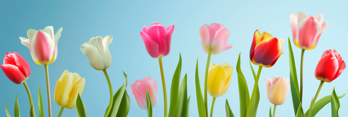 A beautiful array of tulips creating a vibrant border against a serene blue background, perfect for spring. Banner with copy space.
