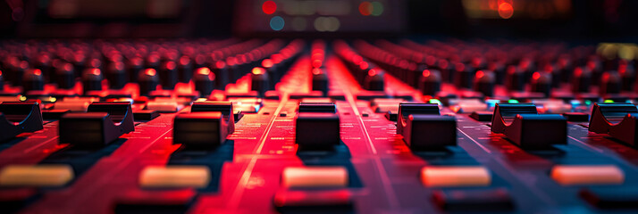 Wide-angle shot of a mixing console for a recording studio. Red cinematic studio light.