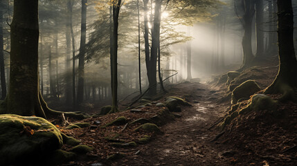 Footpath in a beautiful foggy, mysterious forest