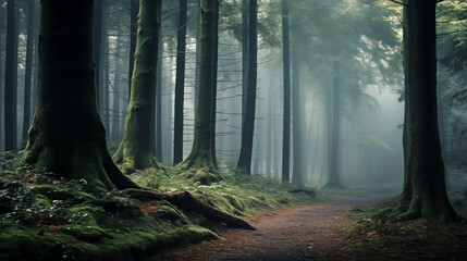 Footpath in a beautiful foggy, mysterious forest