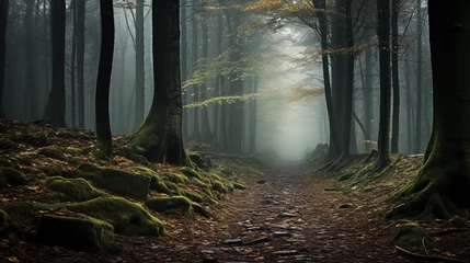 Foto op Plexiglas Footpath in a beautiful foggy, mysterious forest © Alexandra