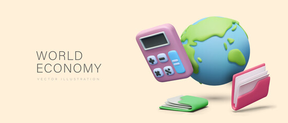 Concept of world economy. Poster with flying globe, pink calculator, folder with documents