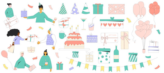 Birthday party accessories set. Anniversary celebration people portrait and objects. Holiday event characters cake and presents. Collection of friends, balloons drinks and confetti gift card