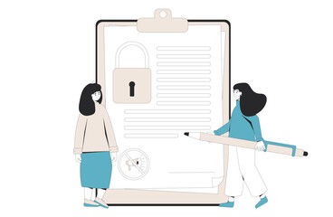 NDA concept. Non disclosure agreement. Confidentiality contract between employee and employer. Woman signing business confidentiality paper.