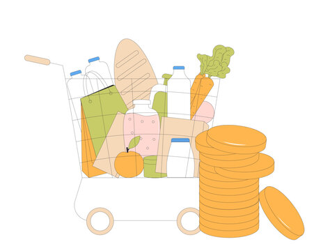 Shopping cart with groceries and coins stack. Adjusted Gross Income. AGI.