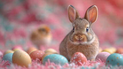 Fototapeta na wymiar Cute Easter bunny sitting among the colored eggs on the blurred pink background