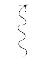 Vector black wavy arrow doodle style isolated on white background. Right pointer hand drawn illustration dotwork, tattoo, sticker for design and decoration, black dots on a white background