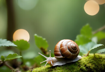 close-up of a clam walking in a lush forest