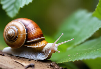 close-up of a clam walking in a lush forest