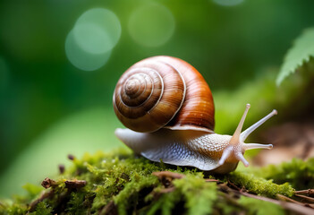 close-up of a clam walking in a lush forest