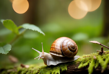 close-up of a clam walking in a lush forest