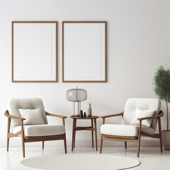 Two cozy white armchairs in the living room.Еmpty frames on the wall for copying.Interior design of a modern living room in the style of Provence, Bauhaus, Scandinavian style.Minimalism.