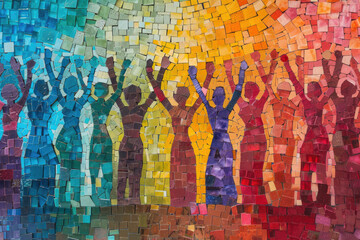 A vibrant mosaic of women standing together, embodying the pursuit of equality