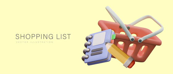 Shopping list concept. 3D shopping cart, pencil, notebook. Wish list