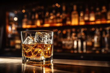 Glass of Whiskey on the bar counter. Blurred interior of bar at the background.