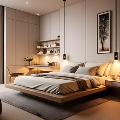 A compact bedroom with a single bed, soft neutral tones, and warm lighting, creating a tranquil and intimate space for personal relaxation. Generative AI