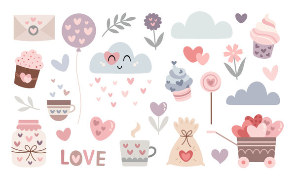 Valentines day clipart. Valentines elements in cartoon flat style. Love vector illustration.