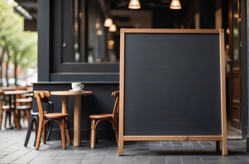 blank restaurant menu board in front of a cafe, standing blackboard for menu