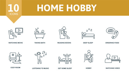 Home Hobby set icon. Editable icons home hobby theme such as watching movie, reading books, ordering food and more. - obrazy, fototapety, plakaty