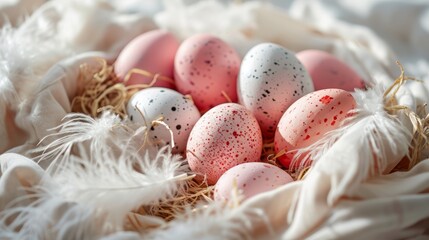 Pastel easter eggs on white fabric with feathers