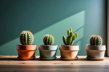 row of cactus in a pot in green turquoise wall background with natural sunlight and copy space