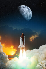 Spaceship lift off. Space shuttle with smoke and blast takes off into space on a background of a sunset with a fullmoon.