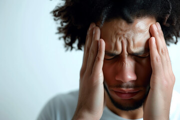 Fototapeta premium Tension Unveiled: Young Black Man Holds Temples, Manifesting a Headache, And a Light Background 
