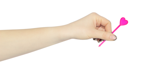 skewer for appetizer in hand, outstretched hand with plastic skewer for canapes isolated from background