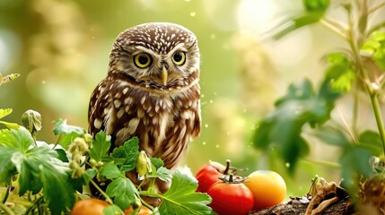 Obraz premium owl sitting outside with vegetables and herbs