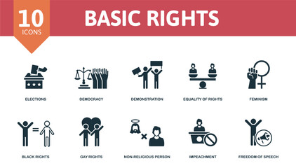 Basic Rights set icon. Editable icons basic rights theme such as elections, demonstration, feminism and more.