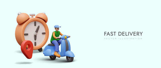 Placard with realistic man on scooter delivering order, orange clock, and red pin