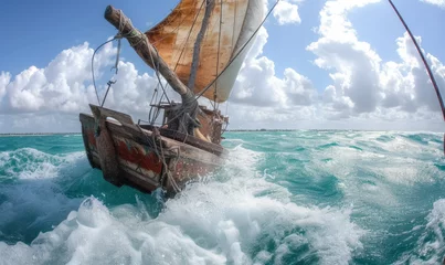 Poster local fishermen dhow  on amazing stormy water in the Indian ocean next to Mnemba atoll, Zanzibar, Tanzania © STORYTELLER AI