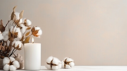 a candle with a burning flame and cotton flowers