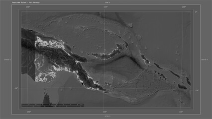 Papua New Guinea composition. Grayscale elevation map