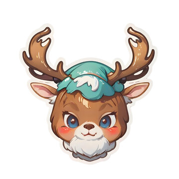 a sticker of a deer wearing a Santa hat, Generative AI