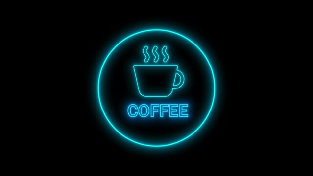Neon sign with a coffee cup icon and the word COFFEE glowing in blue on a dark background.