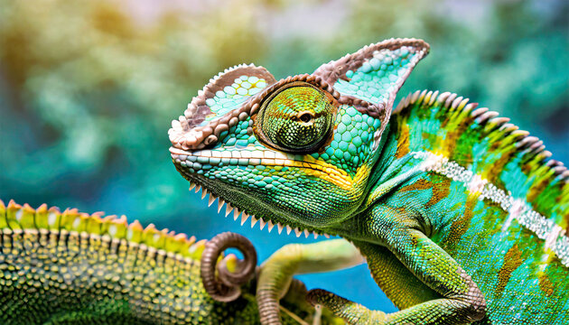 Close-Up View of a Vibrant Green Chameleon