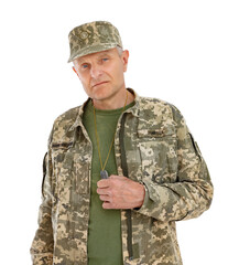 Portrait of sed Ukraine army soldier holding his token isolated on white background. Old defender looking into the camera and posing in studio. Stand for Ukraine.