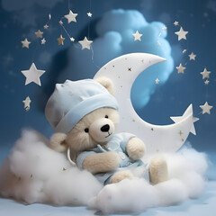 Fototapeta premium teddy bear with sleeping cap sleeping on white cloud, blue sky