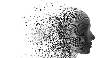 Dispersion 3D vector effect. Human head dispersing and disintegrating into particles. 3D vector illustration of fusion between human and artificial intelligence.