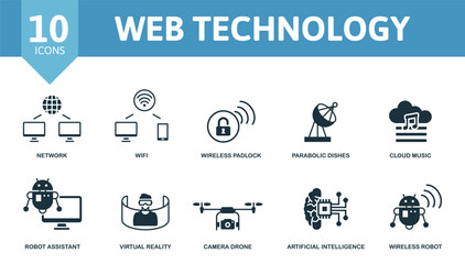 Web Technology icon set. Contains editable icons internet technology theme such as network, wireless padlock, cloud music and more.