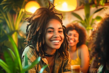 Radiant young woman with dreadlocks enjoying a joyful moment with friends at an indoor gathering. - obrazy, fototapety, plakaty