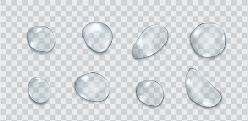 Clear liquid blobs group realistic vector illustration set. Irregular water drops upper view. Droplets 3d elements on transparent background - obrazy, fototapety, plakaty