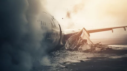 Photo sur Plexiglas Ancien avion Dramatic illustration of aeroplane accident. Crashed and burnt air plane on sunset background.