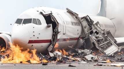 Illustration of airplane crash accident with destroyed burning plane. Outdoor background.