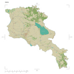 Armenia shape isolated on white. OSM Topographic Humanitarian style map