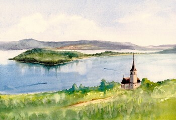 View of St. Peter's Island and church in Ligerz in lake Biel (Bielersee) in summer, Switzerland. Hand drawn watercolor illustration
