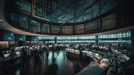 Naklejka premium Trading floor with terminals, people in motion blur. Financial background.